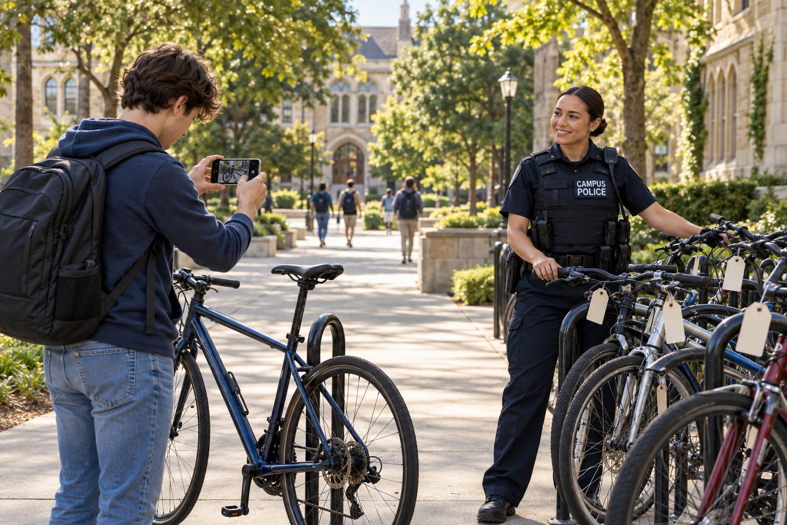 Illustrative university scene connecting a student photographing a bicycle with campus police handling recovered bicycles