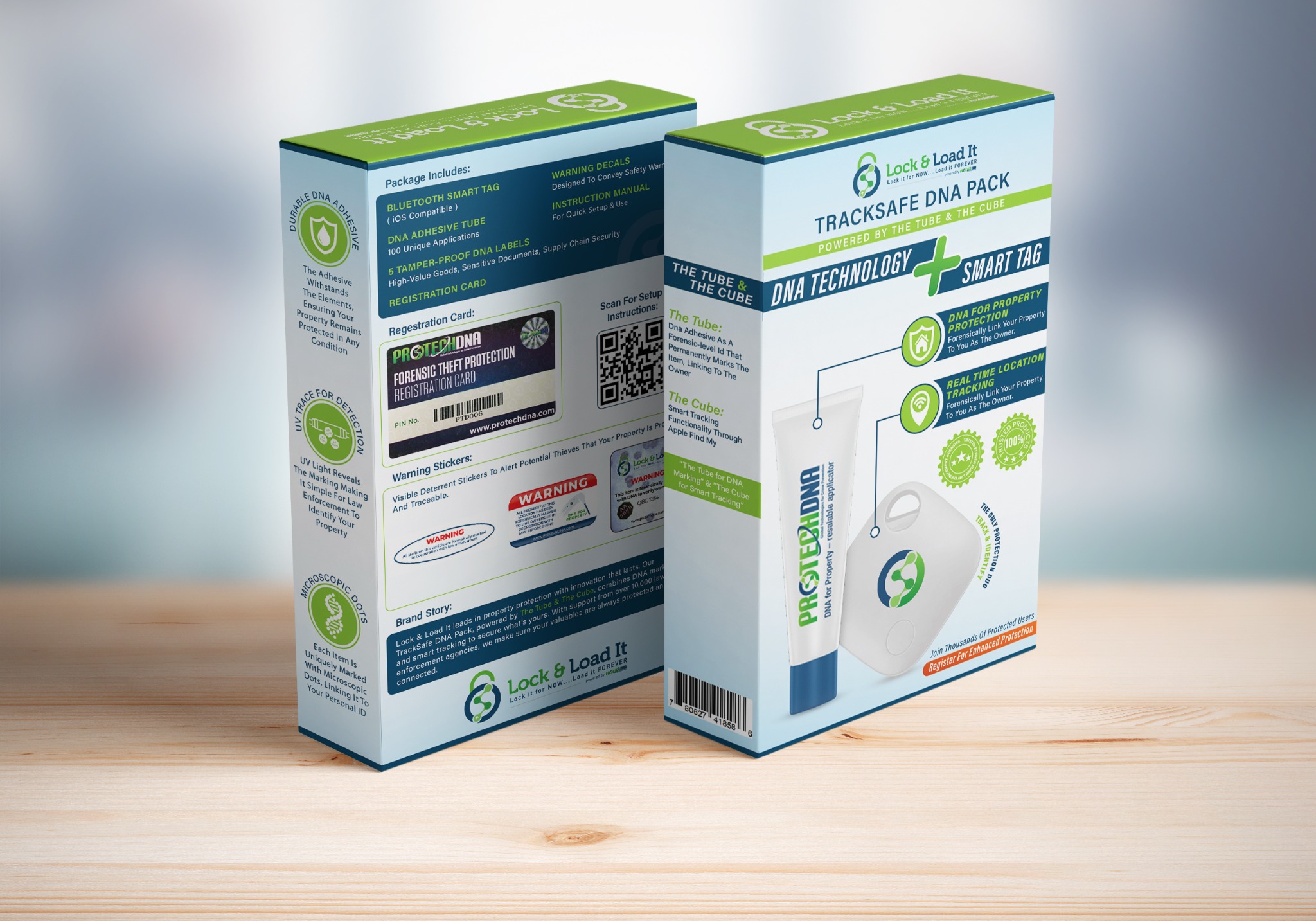 TrackSafe DNA Pack retail packaging showing the DNA adhesive tube and Smart Tag